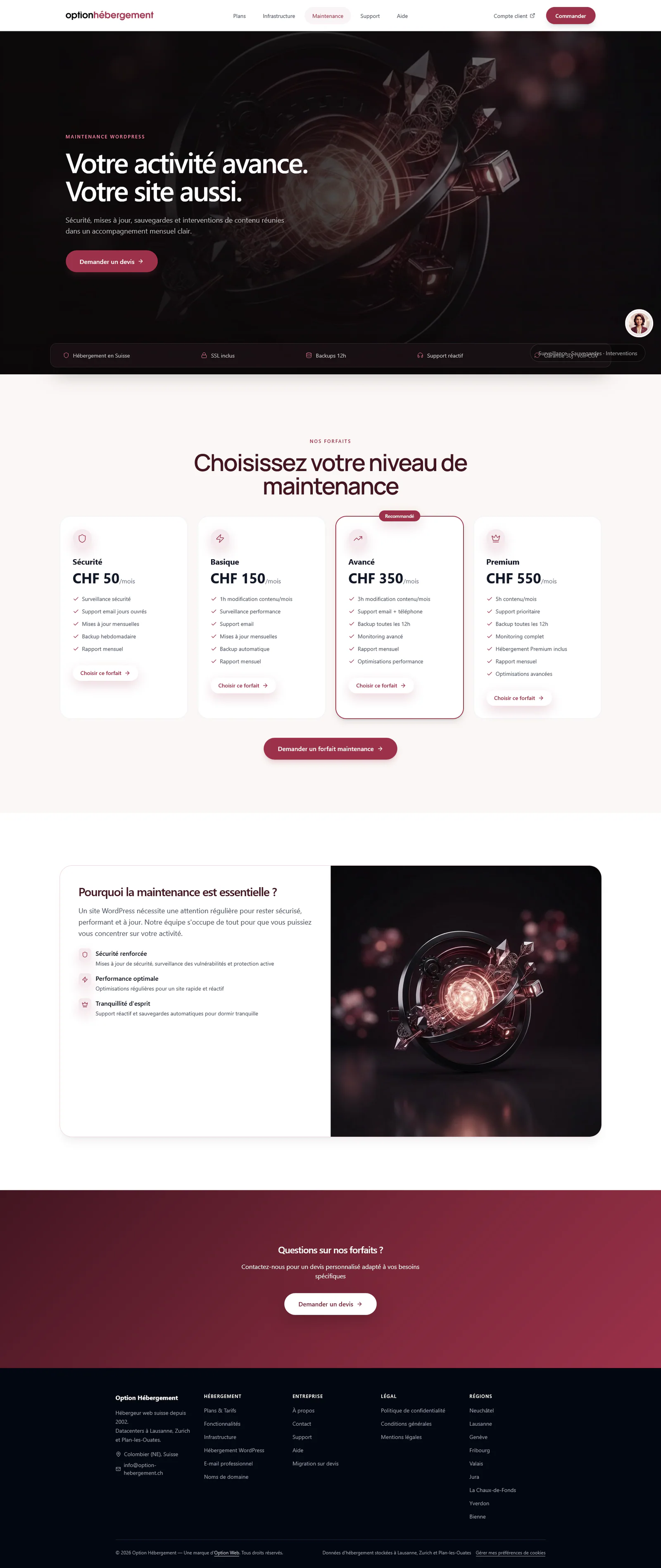 Page complète des offres de maintenance de sites d’Option Hébergement