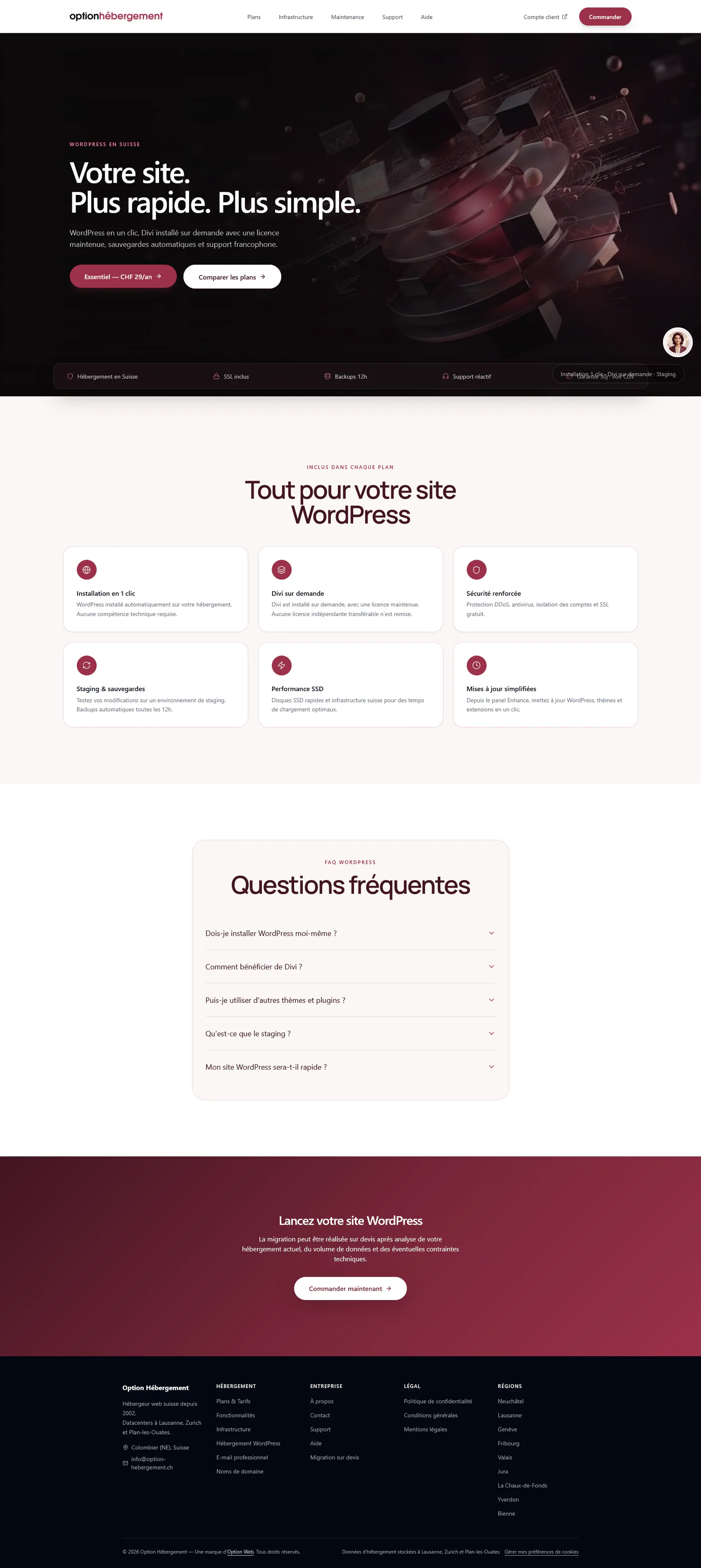Page complète des solutions d’hébergement spécialisé en Suisse